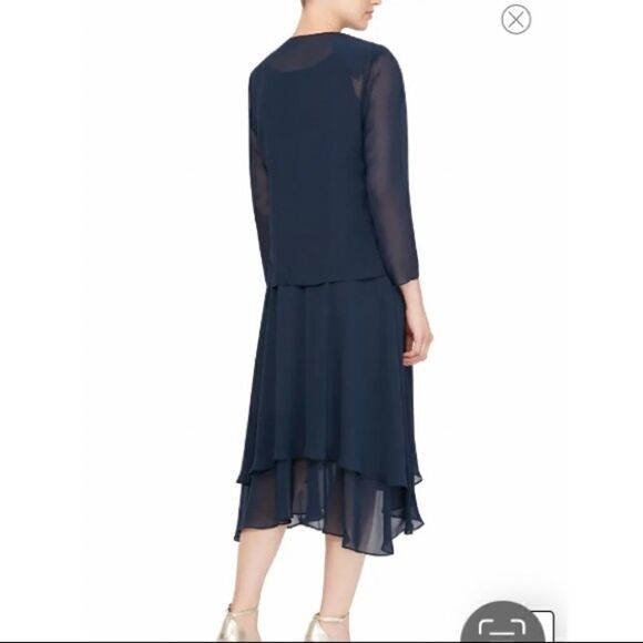 SLNY Beaded Detail Chiffon Tiered Scoop Neck Midi Dress Two Piece Set w/ Jacket - Picture 15 of 16